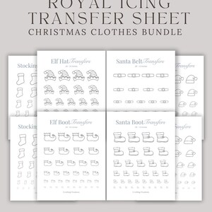 May include: Printable PDF sheets for royal icing transfers, featuring Christmas-themed designs. Designs include elf hats, Santa belts, stockings, and boots. Sizes range from 0.64 cm to 3.81 cm. Text reads: Royal Icing Transfer Sheet Christmas Clothes Bundle.