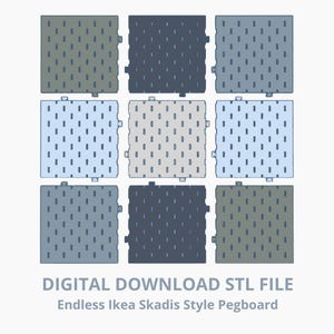 May include: Nine square pegboard tiles in shades of blue, gray, and green are arranged in a grid. Each tile has a pattern of small, evenly spaced holes. The text "DIGITAL DOWNLOAD STL FILE" and "Endless Ikea Skadis Style Pegboard" is below the grid.
