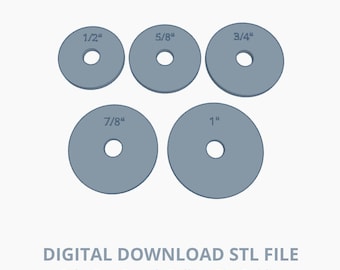May include: A digital download STL file featuring five gray, circular cake pop dough rolling pin guides. The guides are labeled with the following measurements: 1/2", 5/8", 3/4", 7/8", and 1". Each guide has a central hole.