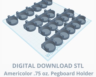 May include: A digital download STL file of a pegboard holder for Americolor .75 oz bottles. The holder is gray and features multiple circular compartments arranged in rows. The text "DIGITAL DOWNLOAD STL Americolor .75 oz. Pegboard Holder" is visible.