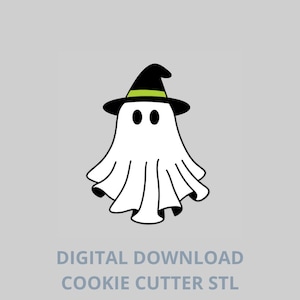 May include: A white ghost wearing a black witch hat with a green band. The ghost has two black eyes and a flowing sheet-like body. The text "DIGITAL DOWNLOAD COOKIE CUTTER STL" is below the ghost.