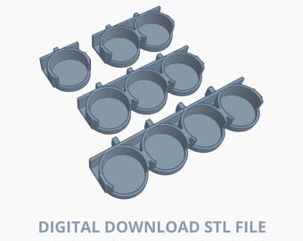 May include: A digital download STL file featuring several gray pegboard holders. The holders are designed to hold AmeriColor Medium 4.5 oz. bottles. The image shows multiple holders, each with circular compartments.