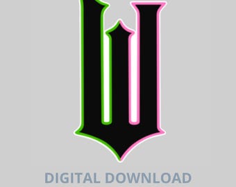 May include: A black cookie cutter design in the shape of the letter "W" with green and pink outlines. The text "DIGITAL DOWNLOAD COOKIE CUTTER STL" is below the design on a gray background.