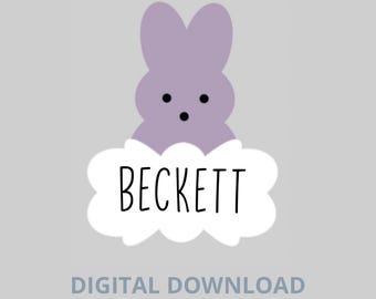 May include: A digital download STL file for a cookie cutter shaped like a purple bunny with the name "BECKETT" in a white cloud.
