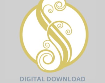 May include: A gold-colored, stylized letter "S" design inside a white circle, set against a light gray background. The design features elegant swirls and curls. Below the design, the text reads "DIGITAL DOWNLOAD COOKIE CUTTER STL".