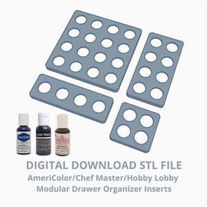 May include: Four gray modular drawer organizer inserts with circular cutouts, accompanied by three small bottles of gel food coloring. Text reads: DIGITAL DOWNLOAD STL FILE AmeriColor/Chef Master/Hobby Lobby Modular Drawer Organizer Inserts.