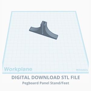 May include: A gray pegboard panel stand/foot, a digital STL file download. The stand has a curved base and a vertical support. The image is on a white grid background with the word "Workplane" and "Millimeters" visible.