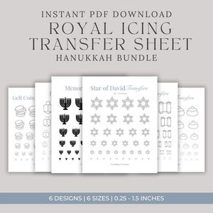 May include: A collection of six Hanukkah-themed Royal Icing Transfer Sheets. Designs include menorahs, Stars of David, gelt coins, and dreidels. Each design comes in six sizes, ranging from 0.25 to 1.5 inches.