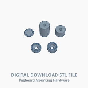 May include: A digital download STL file of pegboard mounting hardware. The image shows several gray, cylindrical and circular components, including a small disc, two cylinders, and two pieces with a central hole.