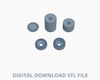May include: A digital download STL file of pegboard mounting hardware. The image shows several gray, cylindrical and circular components, including a small disc, two cylinders, and two pieces with a central hole.