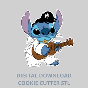 Pode incluir: Um personagem de desenho animado azul em um macacão branco, cabelo preto e colar de ouro, tocando um ukulele marrom. A imagem inclui o texto "DIGITAL DOWNLOAD COOKIE CUTTER STL".