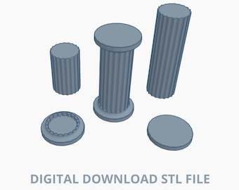 May include: A digital download STL file featuring several light blue cookie pedestal photography props. The props include fluted columns and round platforms. The text "DIGITAL DOWNLOAD STL FILE" and "Cookie Pedestal Photography Prop" are visible.