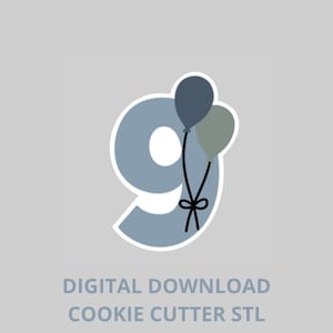 May include: A light blue number nine with a white centre, decorated with two balloons in shades of blue and green, tied with a black bow. The text "DIGITAL DOWNLOAD COOKIE CUTTER STL" is below the number.