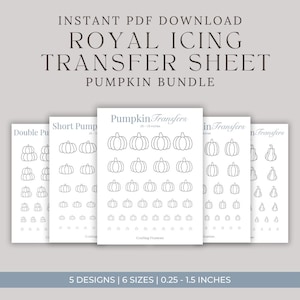 Op de afbeelding: Printbare pompoenontwerpen voor royal icing transfer sheets. De vellen bevatten verschillende pompoenvormen en -maten, van 0,64 cm tot 3,81 cm. De tekst luidt "INSTANT PDF DOWNLOAD ROYAL ICING TRANSFER SHEET PUMPKIN BUNDLE".