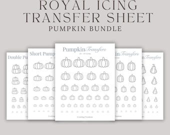 May include: A collection of printable pumpkin designs for royal icing transfer sheets. The sheets include various pumpkin shapes and sizes, ranging from 0.25 to 1.5 inches. Text on the sheets reads "INSTANT PDF DOWNLOAD ROYAL ICING TRANSFER SHEET PUMPKIN BUNDLE".