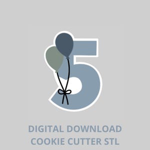 May include: A blue number 5 with two balloons and the text "DIGITAL DOWNLOAD COOKIE CUTTER STL" on a grey background. The balloons are in shades of blue and green, tied with a black ribbon.