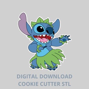 Pode incluir: Um personagem de desenho animado azul com orelhas grandes, uma saia de grama verde e um sorriso largo. O personagem está dançando com os braços levantados. O texto "DIGITAL DOWNLOAD COOKIE CUTTER STL" está abaixo.