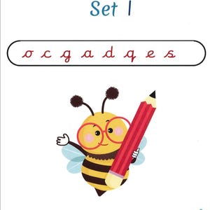 May include: A white handwriting booklet cover titled Handwriting Booklet Set 1 with a black outlined box containing red cursive letters o c g a d q e s. A yellow and black bee wearing red glasses holds a large red pencil. Name line at the bottom.