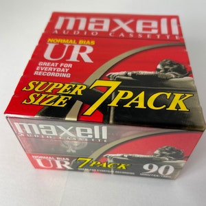 Vintage Sealed Audio Cassette Tape, 7 Pack Maxell UR90 Normal Bias NOS