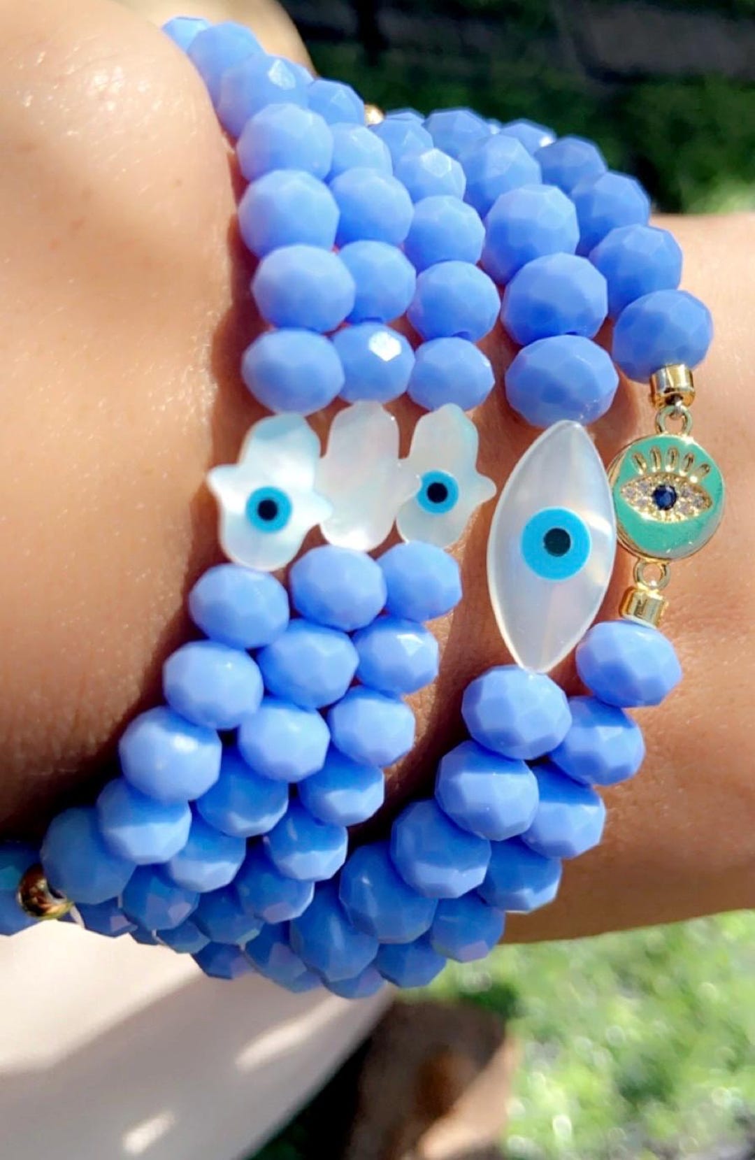 Evil Blue Shell Mother of Pearl White Shell Blue Evil Eye & Gold Round Evil Eye on ...