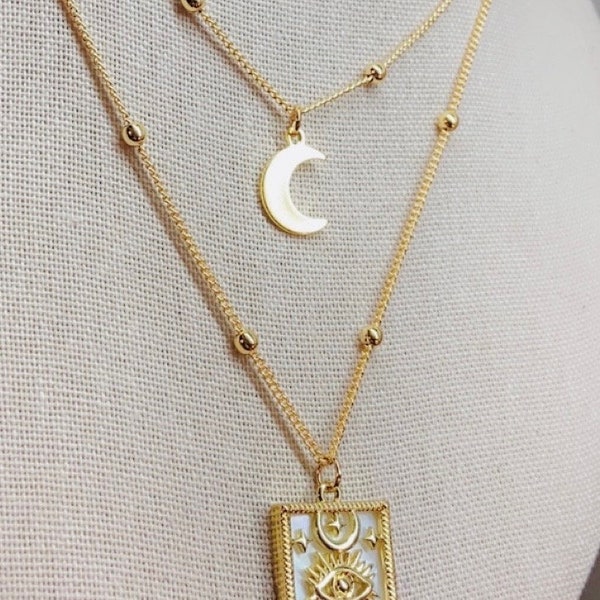 Mother of Pearl and gold evil eye moon & crescent moon stackable necklace set