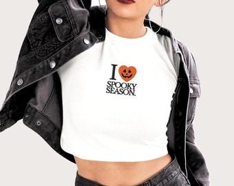 I Heart Spooky Season Embroidered Crop Top, Spooky Crop Tops, Halloween Crop, Cute Halloween Shirt, Cute Fall Crop Top, Pumpkin Embroidered