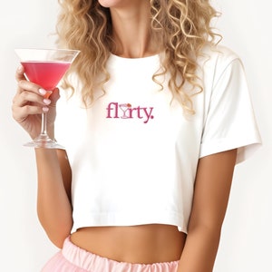 Minimalist Embroidered Cosmo Crop Top - Flirty Tshirt, Cosmopolitan Shirts, Cocktail lover gift, Pink Martini, Embroidered Cocktail Shirts