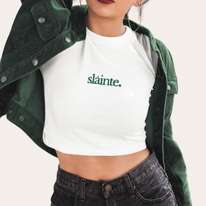 Minimalist Slainte Embroidered Crop Top Tee - St Patrick&#39;s Day Irish Celebration Shirt for Women, Y2K Style Lucky Shamrock Top