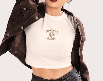 Embroidered Minimalist Cowboys and Beer Crop Top - Aesthetic Crop Top, Country Concert, Western Fashion, Funny Y2K Shirt, Y2K Funny Shirt