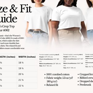 May include: Size and fit guide for a women's crop top. The chart shows measurements in inches for XS, S, M, L, and XL sizes. The top is made of 100% combed cotton, weighs 5.8 oz/yd (180 g/m&sup2;), and has a relaxed fit. Features include a cropped length, ribbed crew neck, dropped shoulders, and preshrunk fabric.