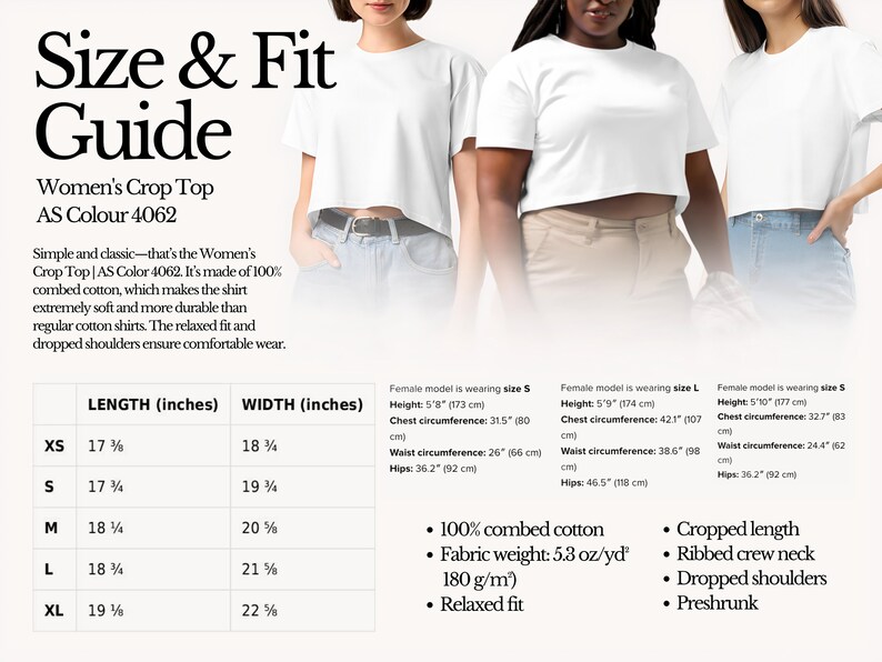 May include: Size and fit guide for a women's crop top. The chart shows measurements in inches for XS, S, M, L, and XL sizes. The top is made of 100% combed cotton, weighs 5.8 oz/yd (180 g/m&sup2;), and has a relaxed fit. Features include a cropped length, ribbed crew neck, dropped shoulders, and preshrunk fabric.