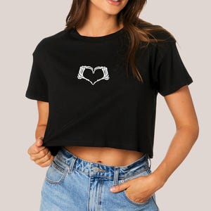 Cute Skeleton Hand Crop Top, Embroidered Heart Hand Shirt, Halloween Gothic Fashion, Spooky Skeleton Top, halloween crop tops