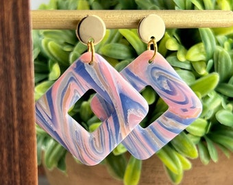 Polymer Clay Square Summer Swirl Dangle Earrings