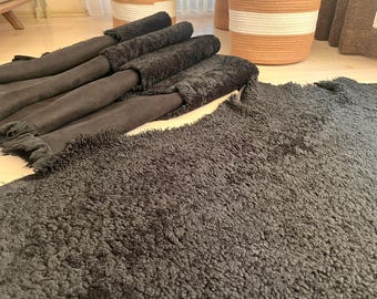 Black Curly Sheepskin Hide Rug: 37x27 in, Natural Tanned Lambskin