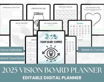 May include: A digital planner for 2025 with a vision board theme. The planner includes pages for tracking mood, gratitude, kindness, and a calendar. The cover features a light blue and white background with a stylized eye and lightbulb graphic. The text "2025 Vision Board Planner" is displayed in a large font at the bottom of the image.