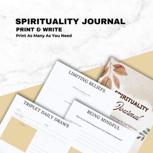 May include: Printable spirituality journal with sections for limiting beliefs, being mindful, and daily draws. The journal has a brown and white watercolor background with leaves.