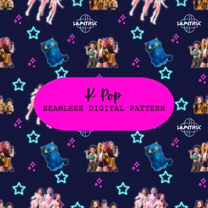 May include: Seamless digital pattern with a dark blue background featuring K Pop stars, blue cat illustrations, and neon stars. The text "K Pop" is in a pink oval, with the words "Seamless Digital Pattern" below.