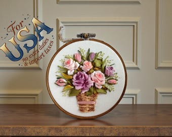 Roses Basket Ribbon Embroidery Hoop Art – Victorian Floral Wall Decor