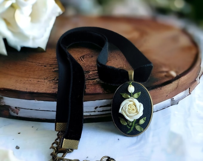 Black velvet choker, Embroidered Rose cameo pendant. Vintage inspired Victorian style, modern twist. Trendy retro jewelry.