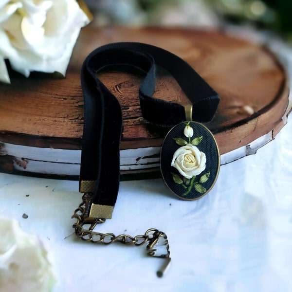 Black velvet choker, Embroidered Rose cameo pendant. Vintage inspired Victorian style, modern twist. Trendy retro jewelry.