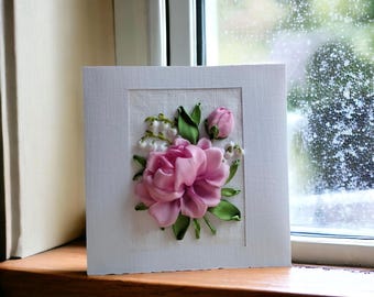 3D Ribbon Embroidered Birthday Card with Gift Box – Handmade Floral Card