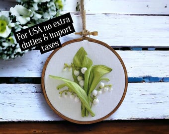 Lily of the Valley Embroidery: Silk Ribbon Flower Picture, Framed May Gift