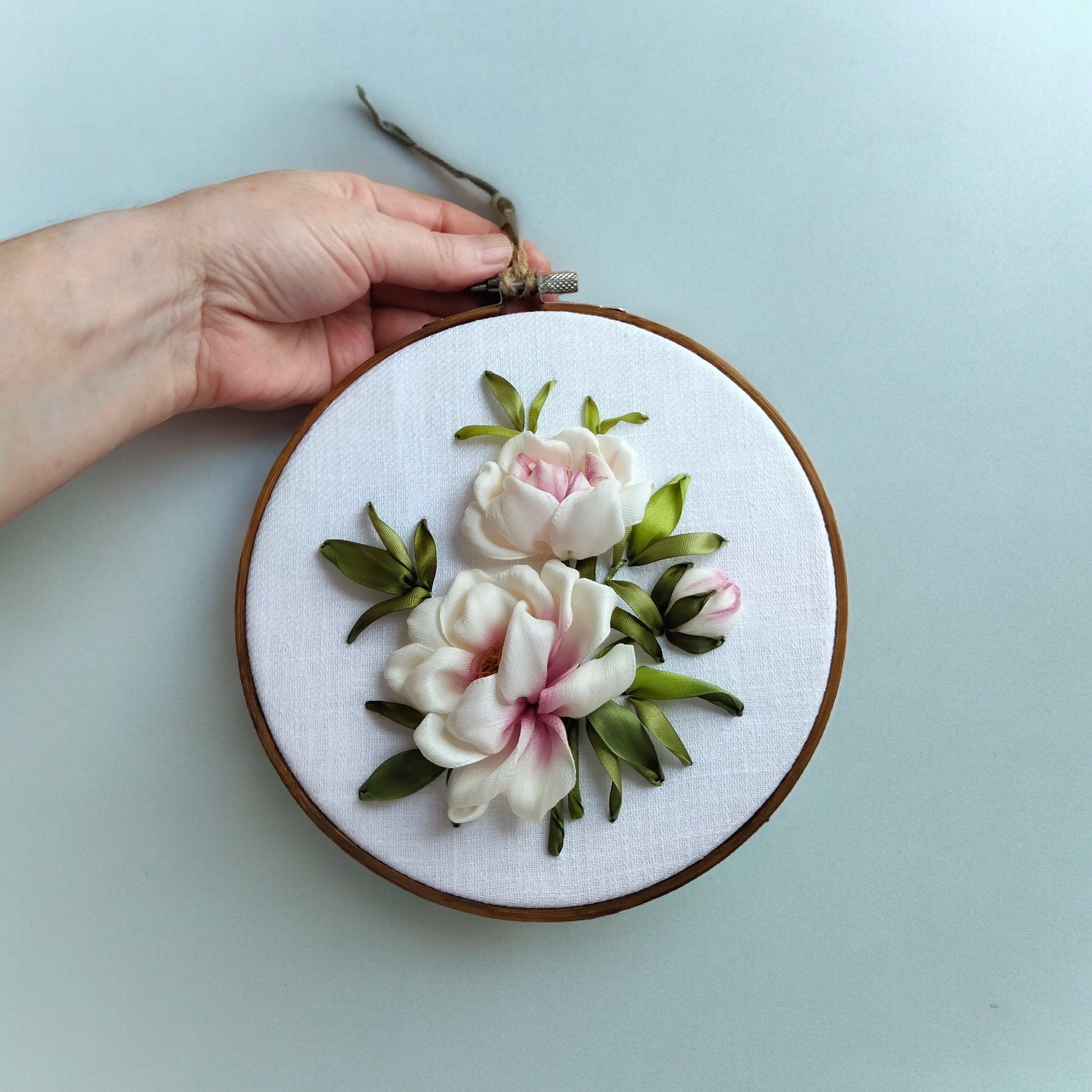 Hoop With Ribbon Peony Embroidery Hoop Art, Ribbons Wall Picture, Farmhouse Decor. - Etsy