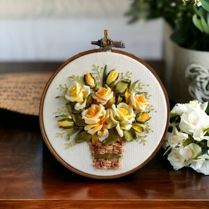 Roses in Bloom Embroidery Hoop Art mini with Cottage Core Charm. Ribbon Embroidery Wall Decor.