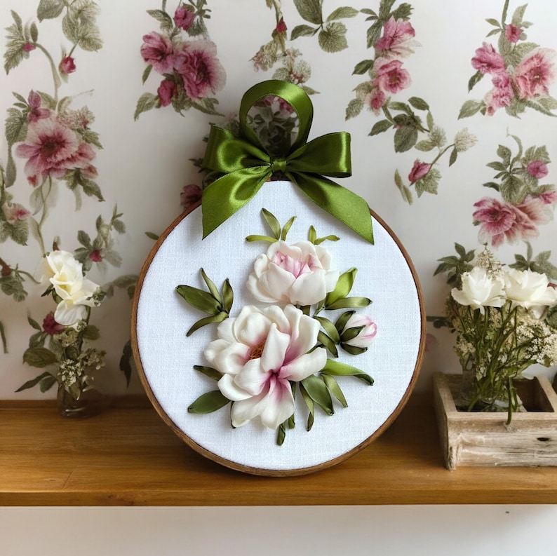 Hoop With Ribbon Peony Embroidery Hoop Art, Ribbons Wall Picture, Farmhouse Decor. - Etsy