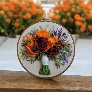 2nd 4th 12th wedding anniversary gift. Custom Bridal Bouquet Replica from Photo, Framed Ribbon Embroidery.