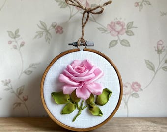 Mini Rose Wall Decor – Ribbon Embroidery Hoop Art
