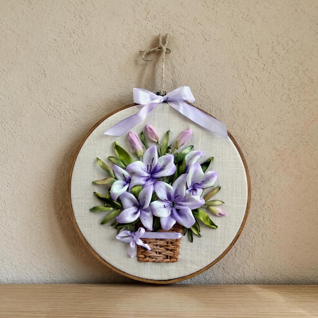 Purple Floral Embroidery Hoop Art, Flower Basket Wall Decor, 8 Inch ...