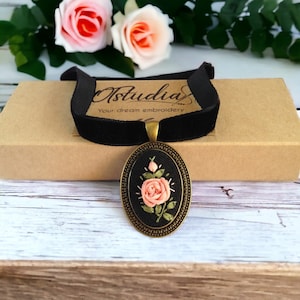 Rose Cameo Choker: Victorian Ribbon Embroidery, Velvet Collar