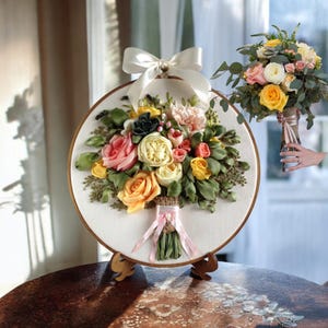 2nd 4th 12th wedding anniversary gift. Custom Bridal Bouquet Replica from Photo, Framed Ribbon Embroidery.